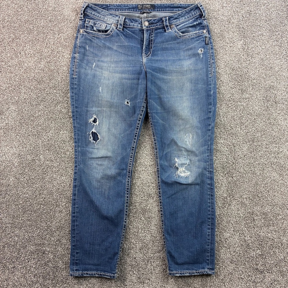 Silver Jeans Women's 14x29 Lola Boyfriend Skinny Whiskerer Denim White Stitching